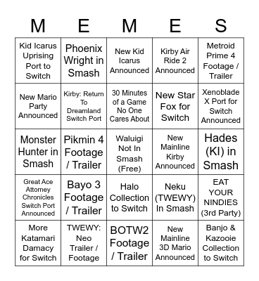 Nintendo Direct 2/17/21 First Party Bingo Card