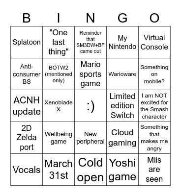 Nintendo Direct Feb 2021 Bingo Card