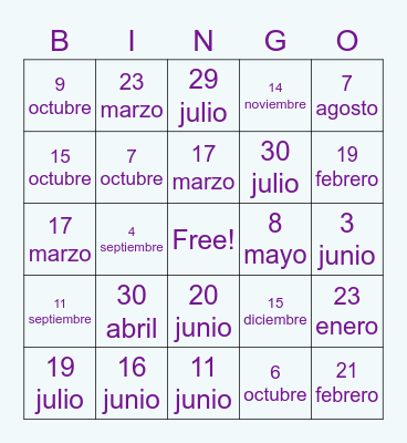 Mi cumpleaños es ____ de _______ Bingo Card