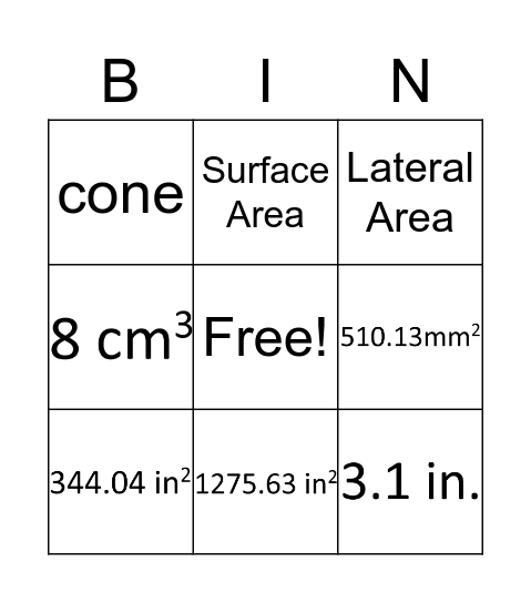 Surface Area Review Bingo Card