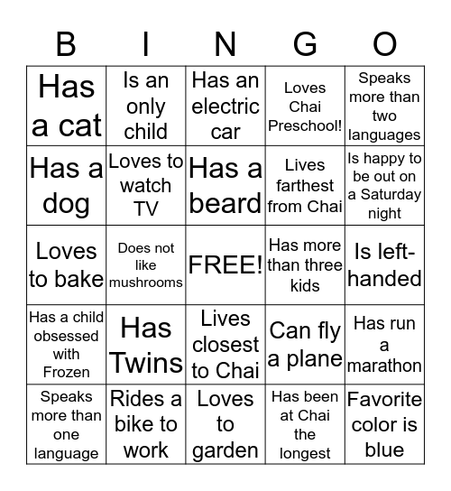 Chai Preschool Bingo! Bingo Card