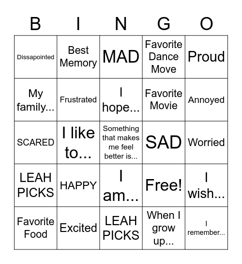 Leah's Bingo! Bingo Card