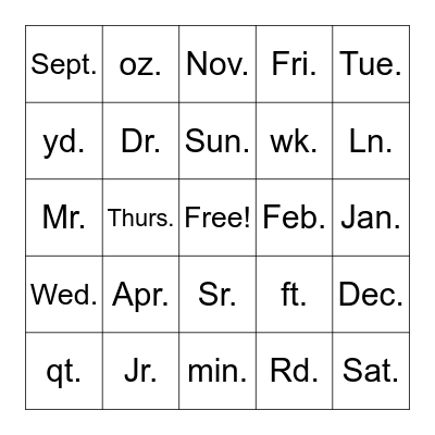 Abbreviations Bingo Card