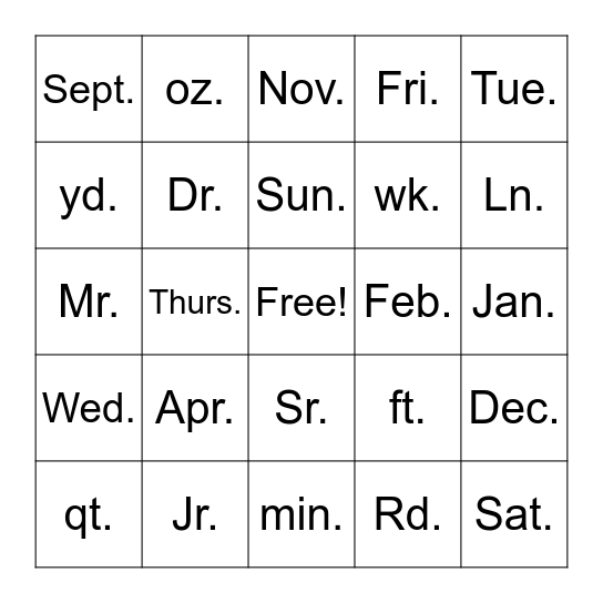 Abbreviations Bingo Card