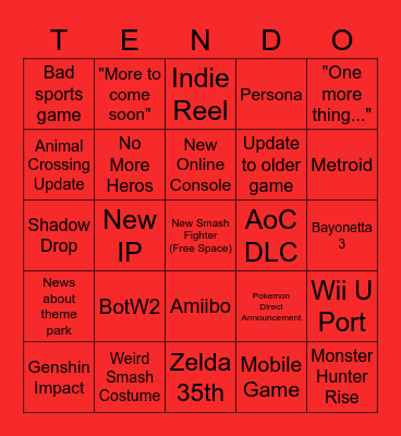 Nintendo Direct 2/17/21 Bingo Card