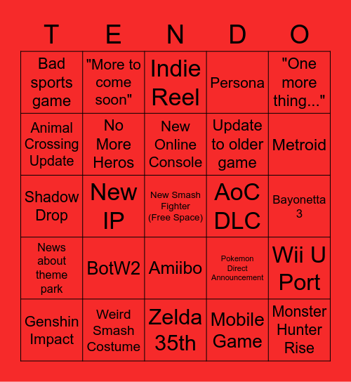 Nintendo Direct 2/17/21 Bingo Card