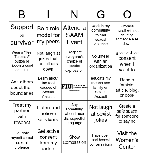 Sexual Assault Awareness Month Bingo Card