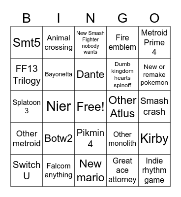 Nintendo Direct Bingo Card