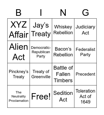 A New Nation Vocabulary Review Bingo Card