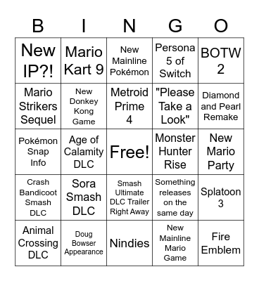 Nintendo Direct Bingo Card