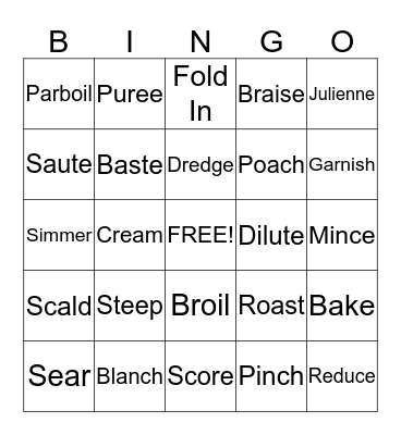 Food Preperation Terms Bingo Card