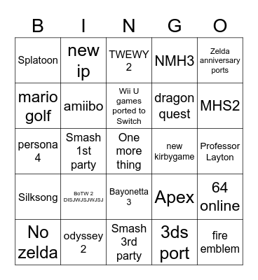 Nintendo Direct February 2021 Bingo Card