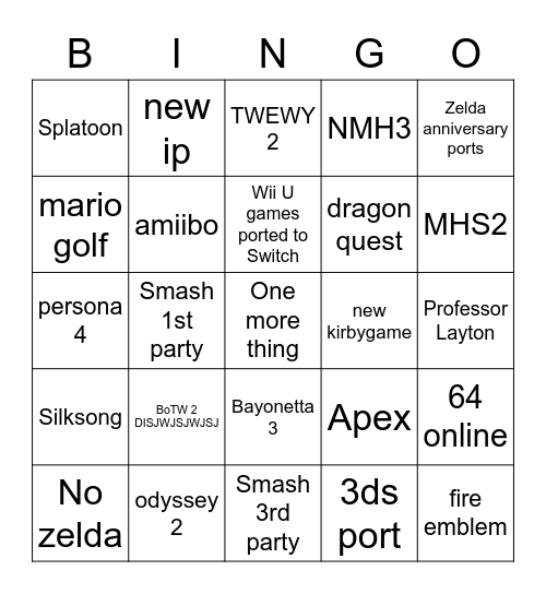 Nintendo Direct February 2021 Bingo Card