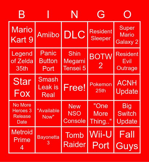 Nintendo Direct Feb. 17 Bingo Card