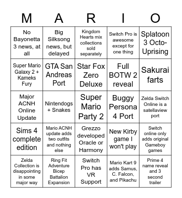 2/17 Nintendo Direct Bingo Card