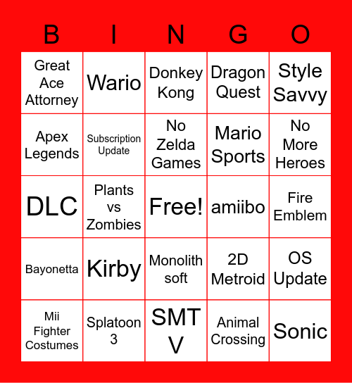 Nintendo Direct 2/21 Bingo Card