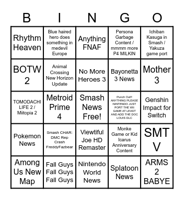 Nintendo Direct Feb 2021 Binjo Card Bingo Card