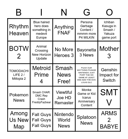 Nintendo Direct Feb 2021 Binjo Card Bingo Card