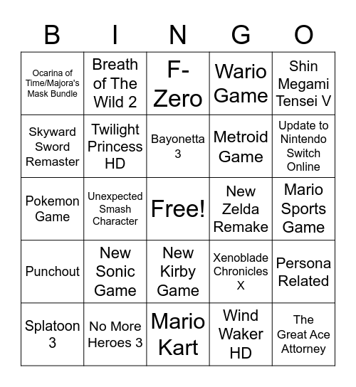 Nintendo Direct Bingo Card