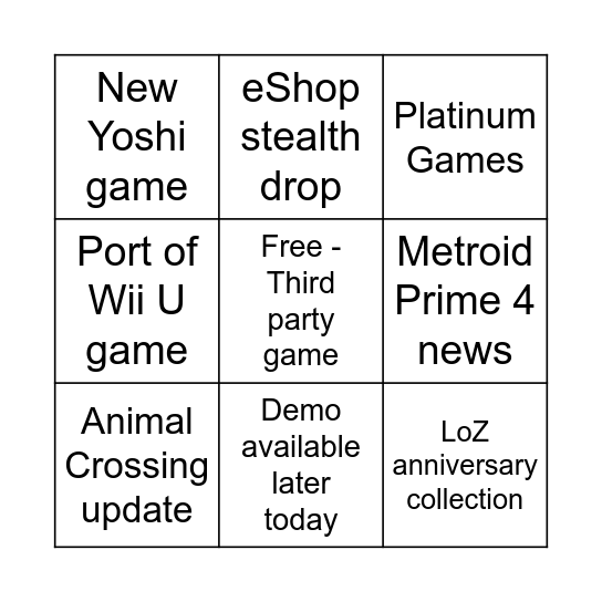 Nintendo Direct Bingo Card