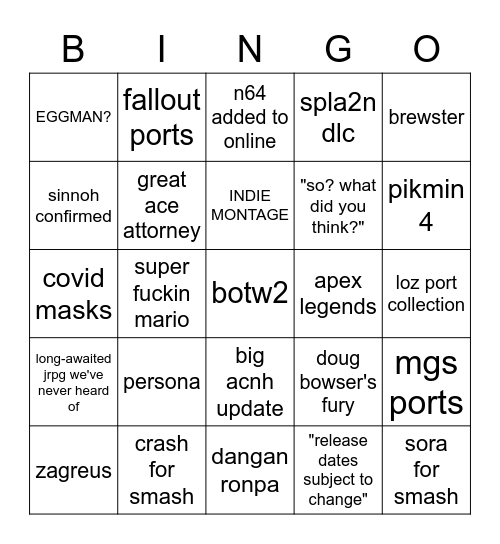 nintendo direndo Bingo Card