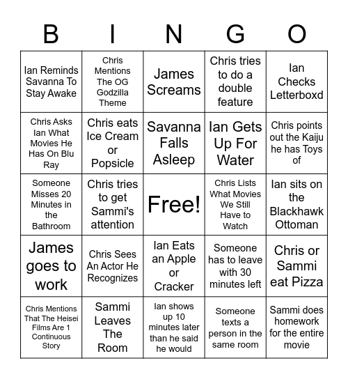 Godzilla Bingo Card