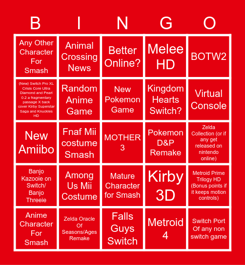 Nintendo Direct Feb 17th 2021 Bingo Card