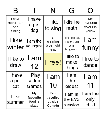 About Me Bingo Card