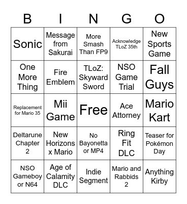 Nintendo Direct Predictions Bingo Card
