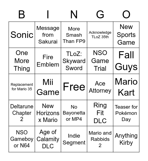 Nintendo Direct Predictions Bingo Card