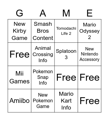 Nintendo Direct (Dakota) Bingo Card