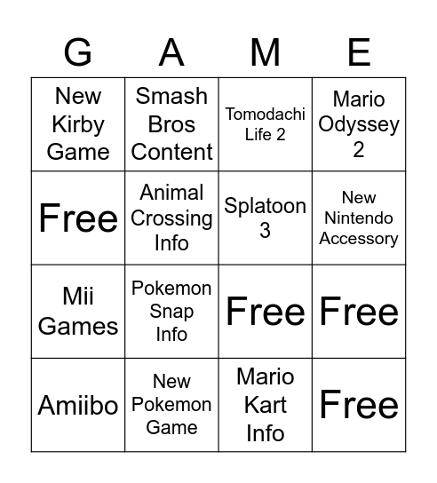 Nintendo Direct (Dakota) Bingo Card