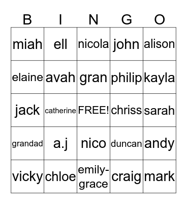 sarahs  family bingo Card