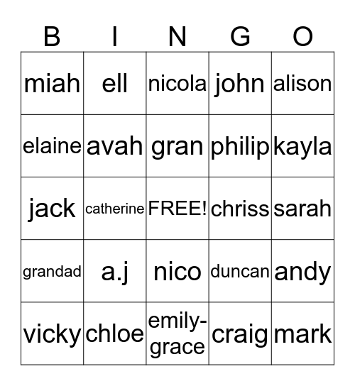 sarahs  family bingo Card