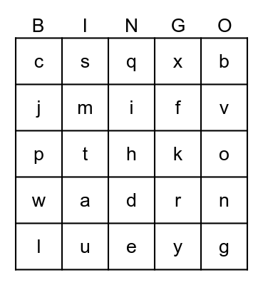 lowercase letters Bingo Card