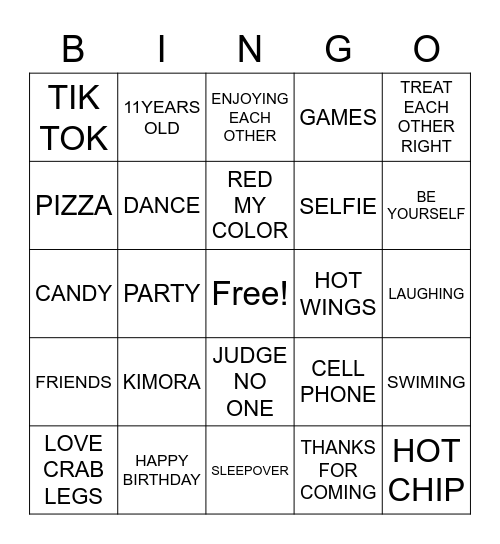 KIMORA 11TH BIRTHDAY PARTY Bingo Card