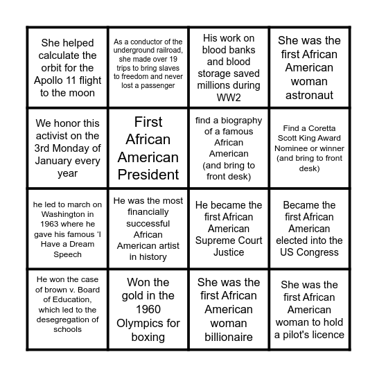 Black History Month Trivia Challenge Bingo Card