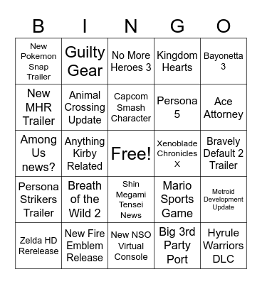 Nintendo Direct February 2021 Bingo Card