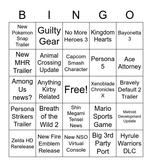 Nintendo Direct February 2021 Bingo Card
