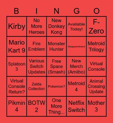 Nintendo Direct Bingo Card