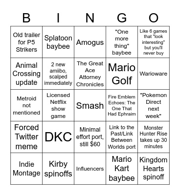 Nintendo Direct 2021 Reunion Tour Bingo Card