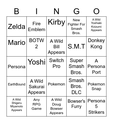 Nintendo Direct Bingo Card