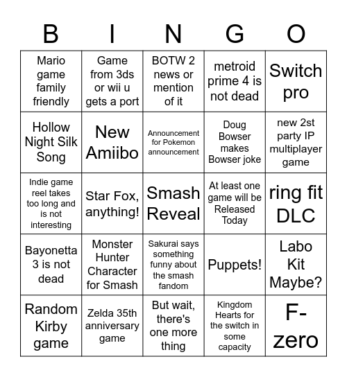 Nintendo DIrect Feb 17-21 Bingo Card