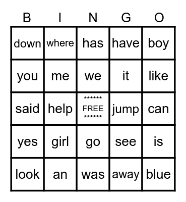 Sight Words Bingo Card