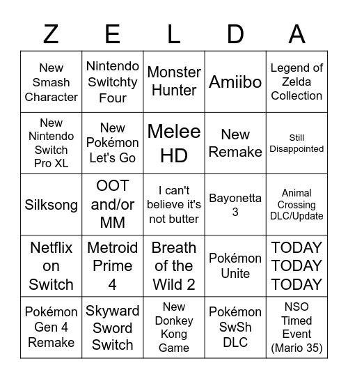 Nintendo Direct Zelda Edition Bingo Card