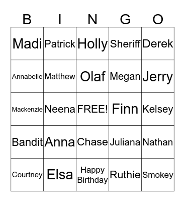 Kelsey Bingo Card