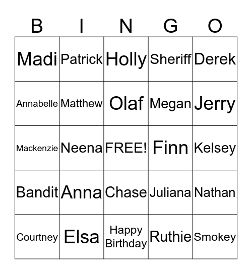 Kelsey Bingo Card