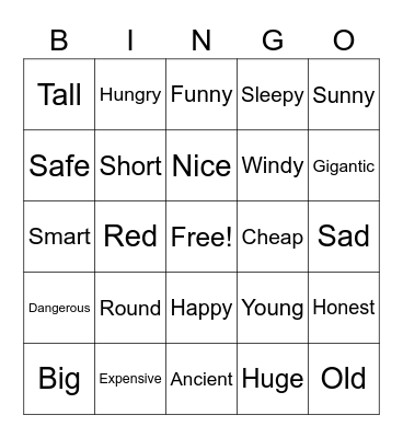 Adjectives Bingo Card