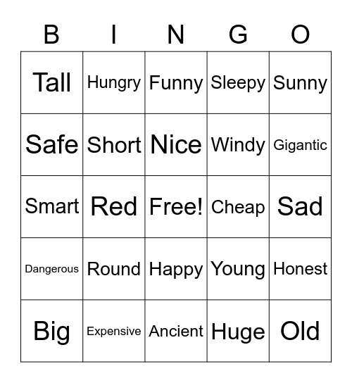 Adjectives Bingo Card