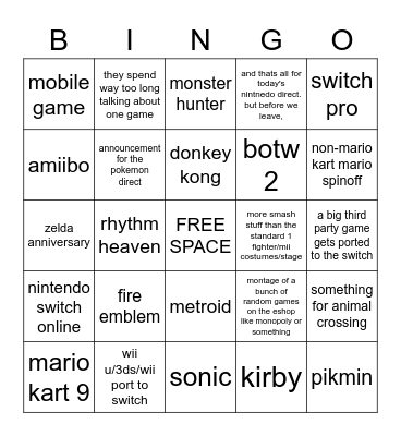 nintendo direct bingo Card